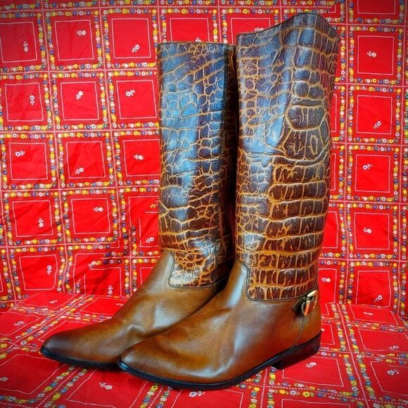 Etienne Aigner Brown Croc-Embossed Heeled Boots - Picture 5 of 7